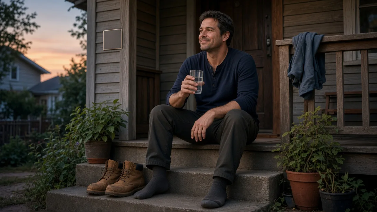 A man resting on his back step at dusk, content after the day